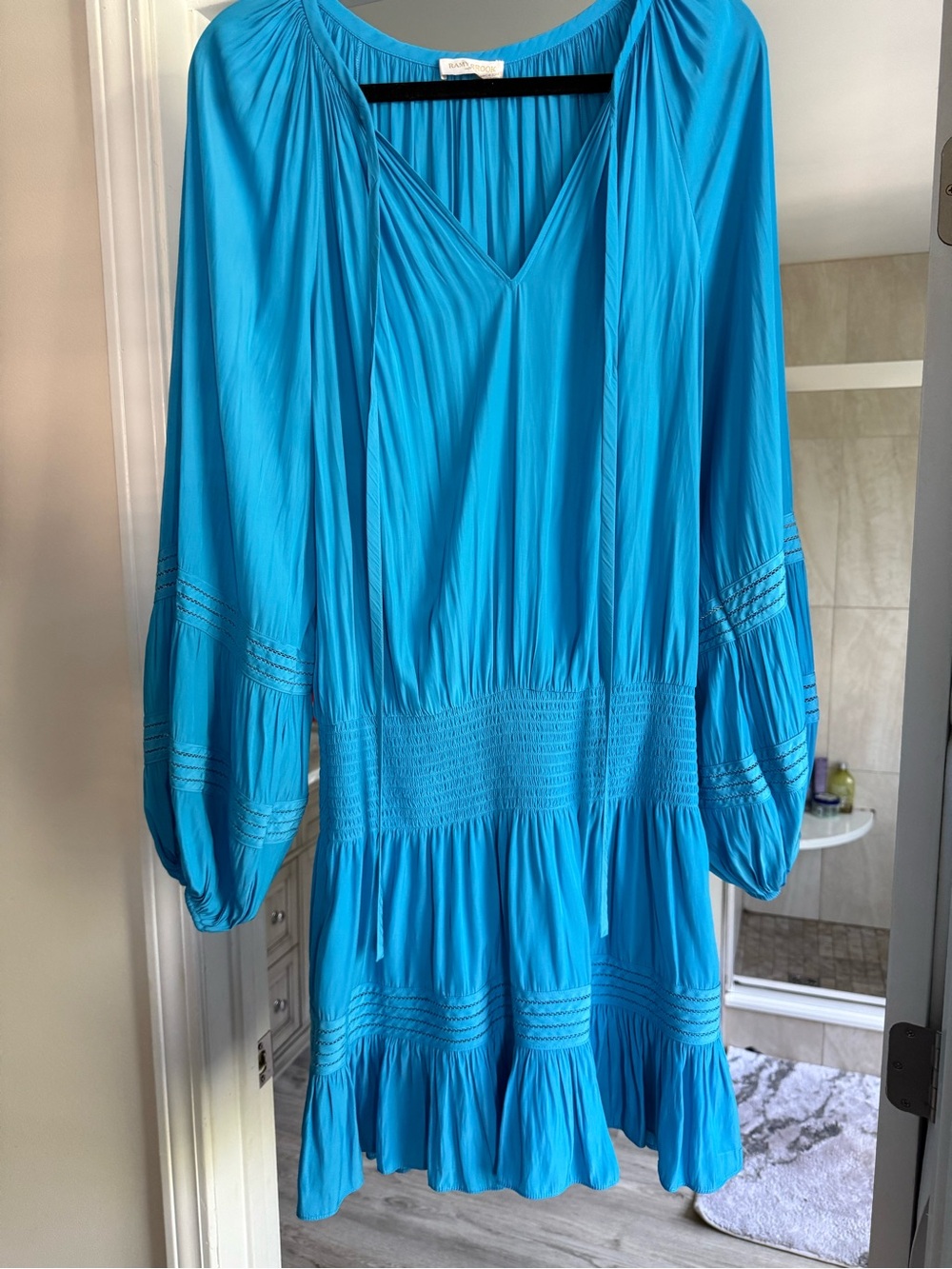 Ramy Brook Turquoise V-Neck Smocked Waist Long-Sleeve Dress